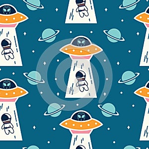 Cute astronaut being abducted by aliens in a UFO - seamless pattern design