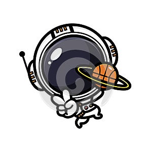 Cute astronaut cartoon character holding planet Saturn in the shape of a basketball