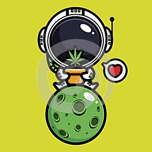Cute astronaut cartoon character is sitting on the planet holding a marijuana tree