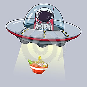 Cute Astronaut Catching Ramen Noodle With Ufo Cartoon. Astronaut Icon Concept. Flat Cartoon Style. Suitable for Web Landing Page