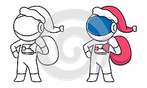 Cute astronaut with christmas costume coloring page for kids