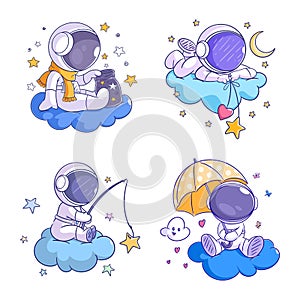 Cute astronaut in clouds cartoon style set