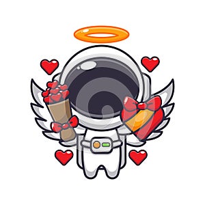 Cute astronaut cupid cartoon character holding love gift and love bouquet.