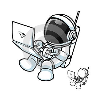 Cute Astronaut Floating Playing Laptop with Black and White Line Art Drawing