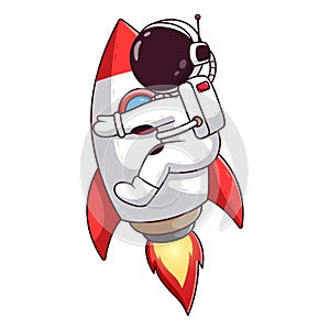 Cute Astronaut Flying With a Rocket. Astronaut Icon Concept. Flat Cartoon Style. Suitable for Web Landing Page, Banner, Flyer, Sti