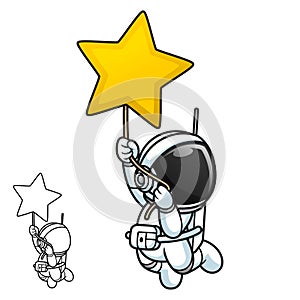 Cute Astronaut Hanging on The Star with Black and White Line Art Drawing