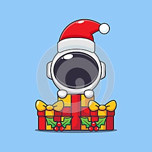 Cute astronaut happy with christmas gift. Cute christmas cartoon character illustration.