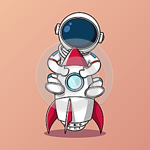 Cute astronaut hugging rocket