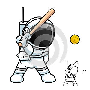 Cute Astronaut Playing Baseball with Moon Ball with Black and White Line Art Drawing