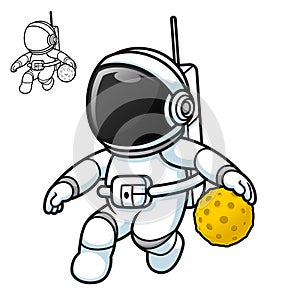 Cute Astronaut Playing Basketball with Moon Ball with Black and White Line Art Drawing