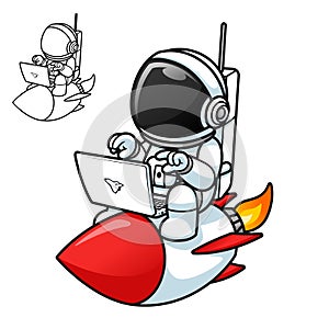 Cute Astronaut Playing Laptop on Rocket with Black and White Line Art Drawing