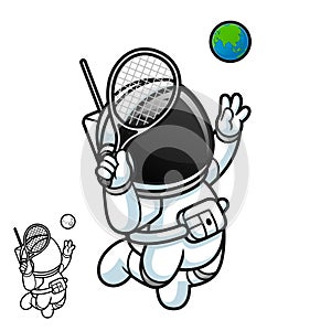 Cute Astronaut Playing Tennis with Earth Globe Ball with Black and White Line Art Drawing