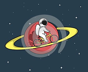 Cute astronaut rides on bicycle at the Saturn