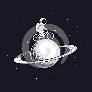 Cute astronaut rides on bicycle at the Saturn