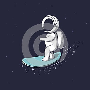 Cute astronaut rides on surfboard