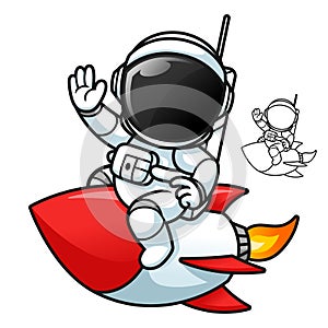 Cute Astronaut Riding a Rocket Waving His Hand with Black and White Line Art Drawing
