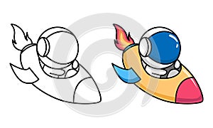 Cute astronaut riding spaceship coloring page for kids