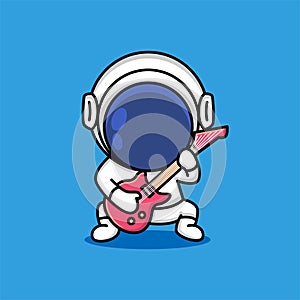 Cute astronaut rock musician is playing electrical guitar cartoon