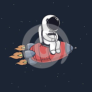 Cute astronaut sits on rocket