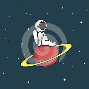 Cute astronaut sits on Saturn