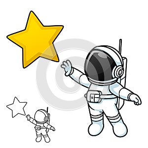 Cute Astronaut Standing Reaching Star with Black and White Line Art Drawing