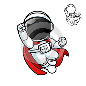 Cute Astronaut in Superhero Style Wearing a Cape with Black and White Line Art Drawing