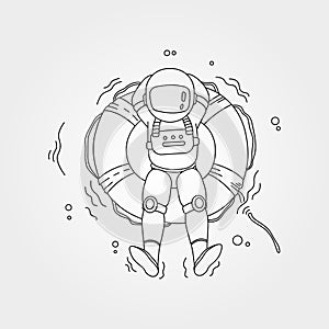 Cute astronaut swimming with lifebuoy line art vector sketch illustration design, astronaut character design