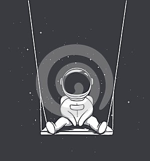 Cute astronaut swinging on a board in outer space
