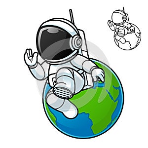Cute Astronaut Walking Floating in Space with Earth with Black and White Line Art Drawing