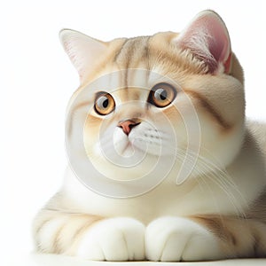 A cute, attentive cat with striking eyes and soft fur, isolated on a white background. The cat has prominent whiskers