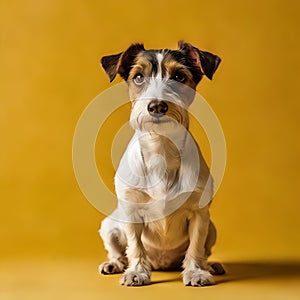 A cute, attentive dog with a mix of white and brown fur sits against a vibrant yellow background, ai generated