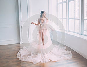 Cute attractive princess with blond hair in pink light dress posing in sunlight of large window, sleeping beauty woke up