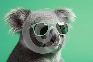 A Cute Australian Koala Wearing Sunglassed on Green Background, Generative AI