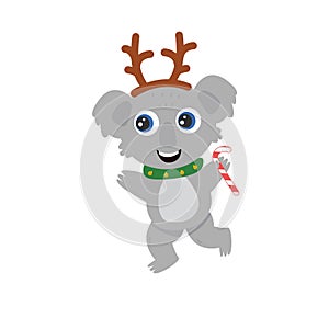 Cute Australian koala wombat with big eyes in a deer costume with a lollipop smiles and dances. New Year flat vector