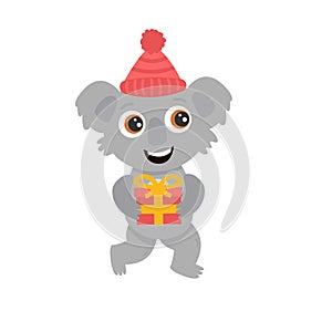 Cute Australian koala wombat with big eyes in a hat with a gift smiles and dances. New Year flat vector cartoon