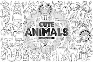 Cute autumn animals vector collection. Hand drawn bears, foxes, turkeys, racoons, rabbits, hedgehogs, deers, leaves and branches