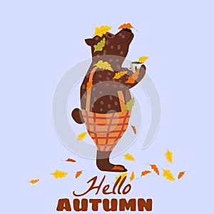 Cute autumn bear covered in fallen autumn leaves with a cup of coffee, Hello Autumn, fall. Vector, illustration isolated