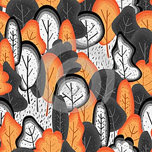 Cute autumn forest in black white and orange pattern