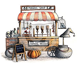 Cute autumn magic shop with pot, potion, owl and pumpkin.