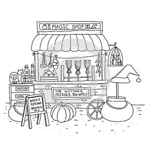Cute autumn magic shop with pot, potion, owl and pumpkin.