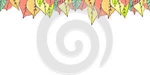 Cute autumn multicolored watercolor doodle leaves on white background geometric seamless border 02