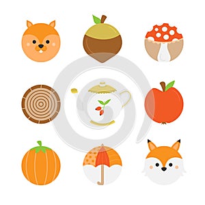 Cute autumn round vector illustration icon set