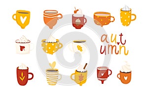 Cute autumn set with illustrations of mugs