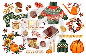 Cute autumn set, november acorn, yellow falling foliage. Kid candle and mushrooms, october apples, cozy forest, pumpkin