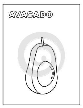 Cute avocado black and white coloring page with name of fruit. Great for toddlers and kids any age.