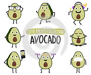 Cute avocado cartoon characters set.