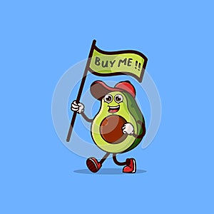 Cute Avocado character carrying a flag that says buy me. Fruit character icon concept isolated. Emoji Sticker. flat cartoon style