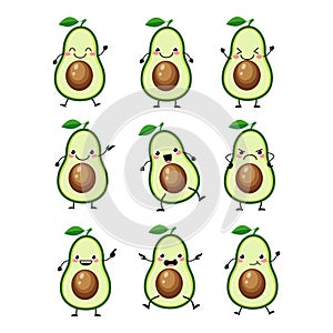 Cute avocado characters set with different emitions vector illustration.