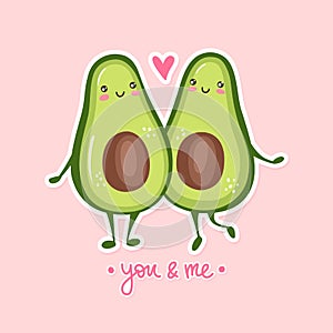 Cute avocado couple in love. Two avocado halves hugging