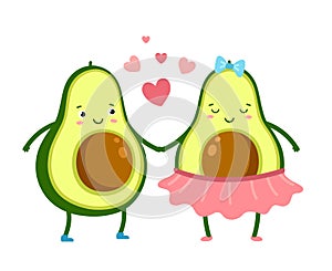 Cute avocado in love. Green fruits couple, cute vegetarian romantic food. Cartoon valentines day characters with hearts